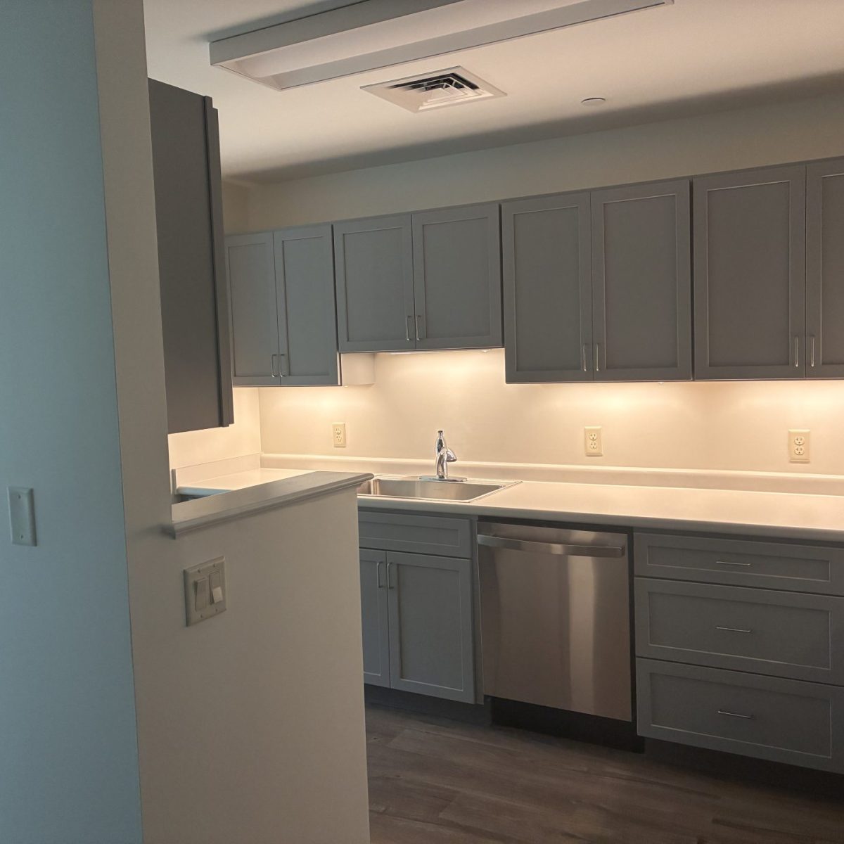 Kitchen with gray cabinets, white countertops, stainless steel dishwasher and refrigerator, and under-cabinet lighting.