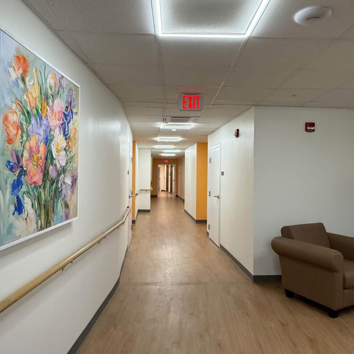 Hallway with handrails, a floral painting, seating area, and wood-look flooring leading to resident doors